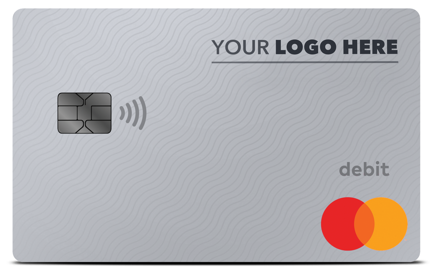 A private-labeled prepaid Mastercard debit card, marked YOUR LOGO HERE where the operator’s brand goes.